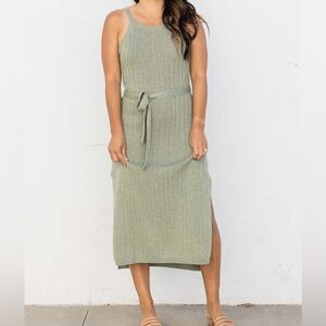 Promesa Sage Ribbed Midi Dress with Waist Tie